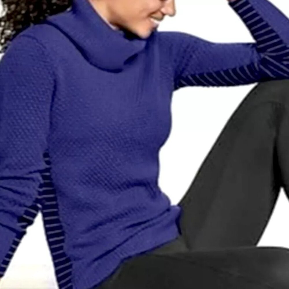 Athleta Marino Wool Turtle Neck Sweater Sz M Blue/ Black Stripe Detail Textured